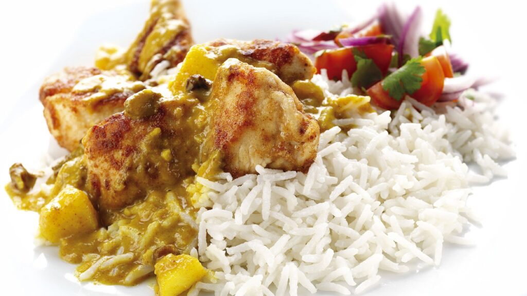 Exquisite Chicken with a Fruit Curry sauce and Coconut Basmati Rice
