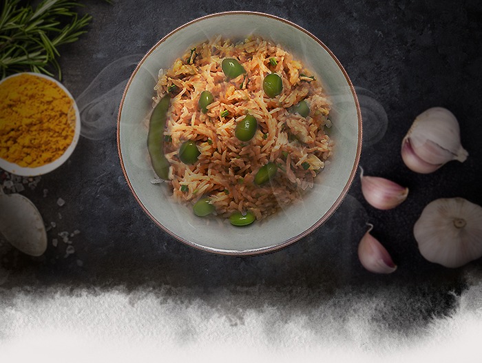 Arroz Basmati al Curry con Edamame y Ajo
