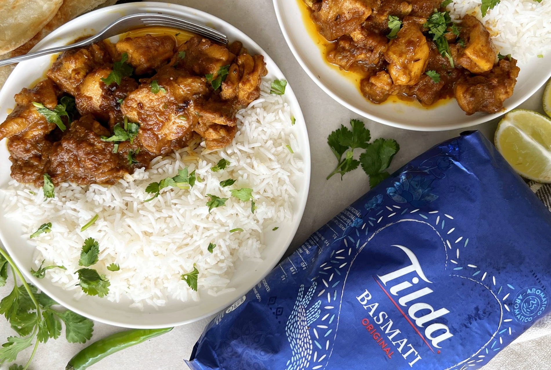 Pollo al curry con arroz Basmati Tilda