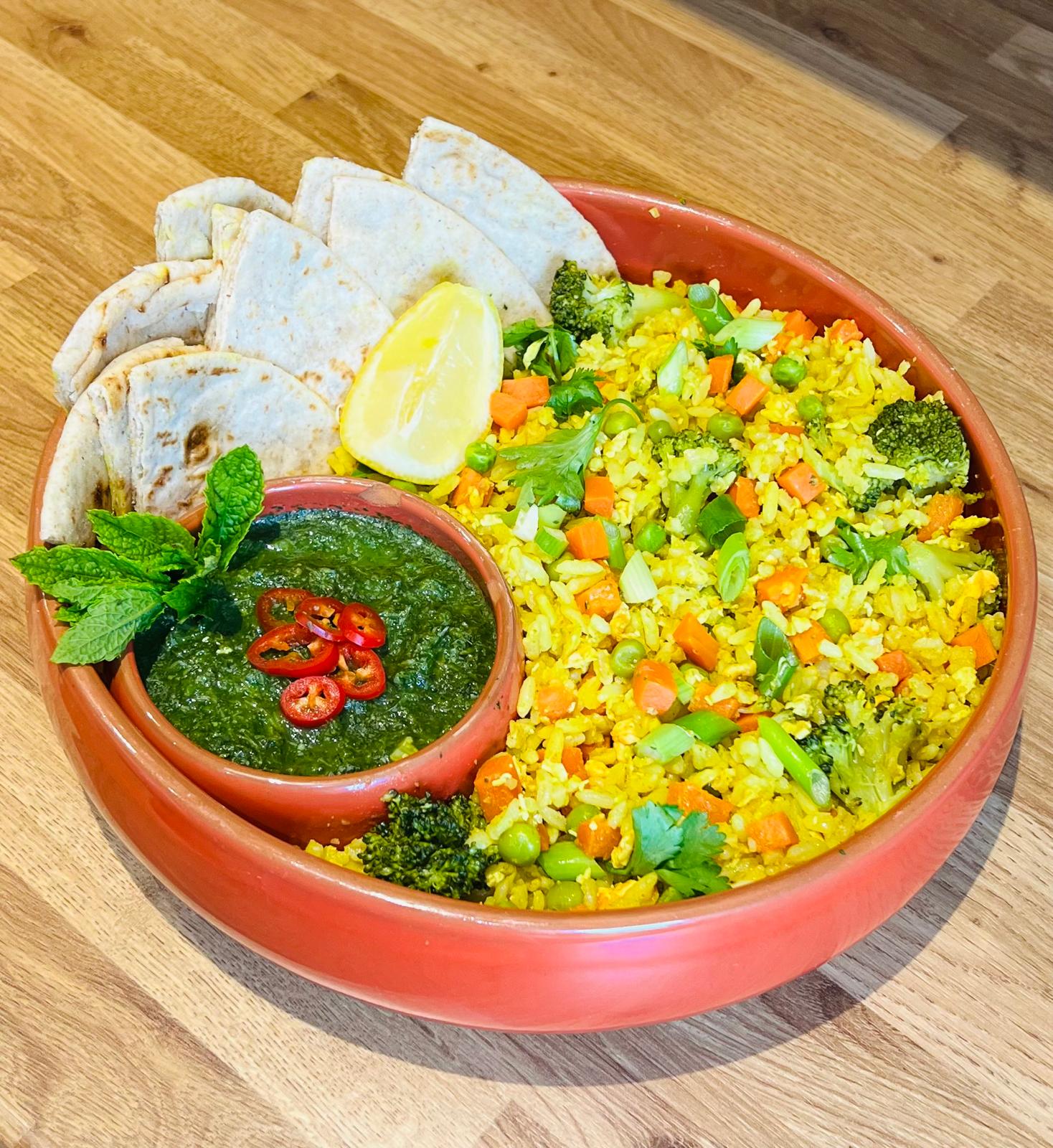 Curried Veg Fried Rice With Coriander and Mint Chutney | Tilda Food Service