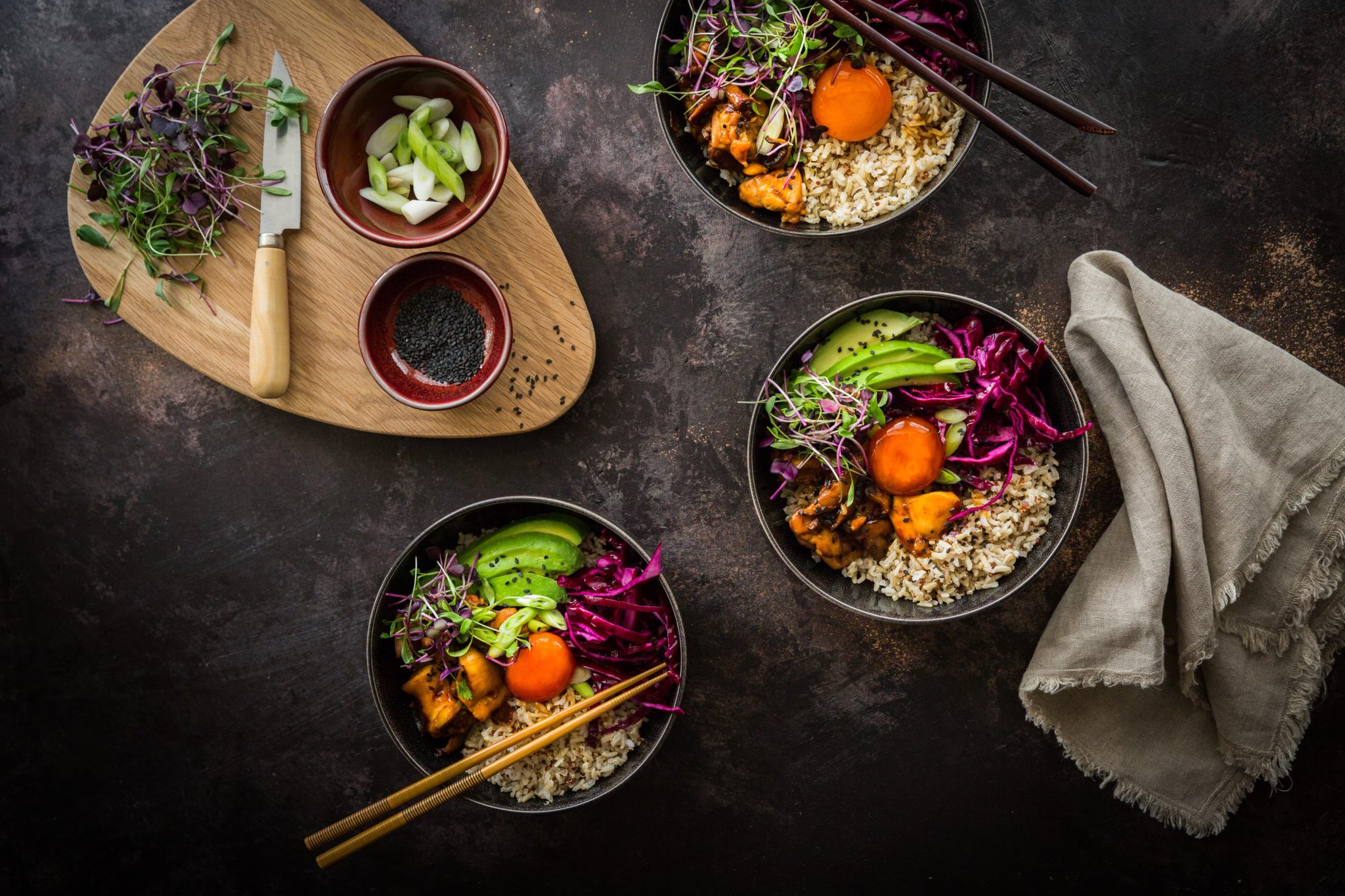 Chicken donburi with soy-cured egg and pickled cabbage