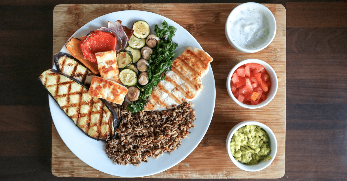 Grilled Chicken & Aubergine with Halloumi & Vegetables