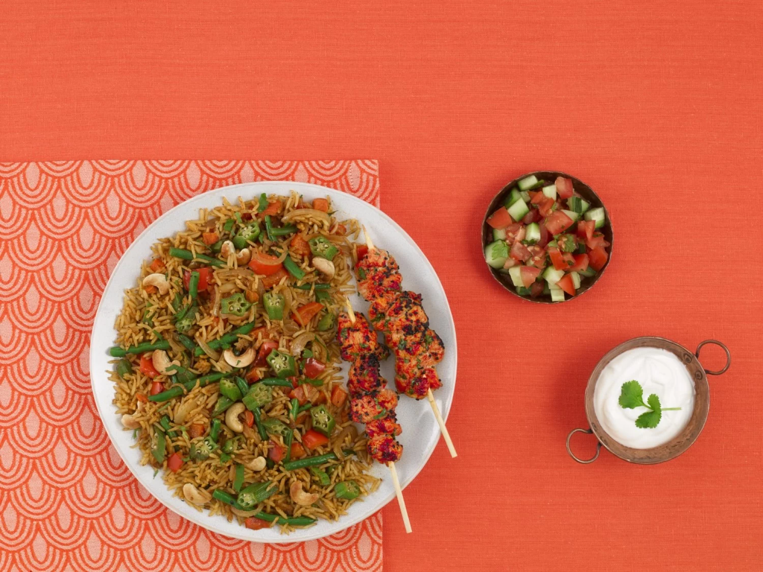 Vegetable Pilaf with Chicken Skewers